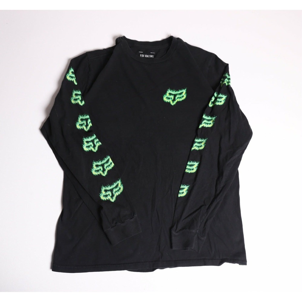 Fox Racing Mens Black Long Sleeve T-Shirt Lime Green Logo Graphic Size Medium